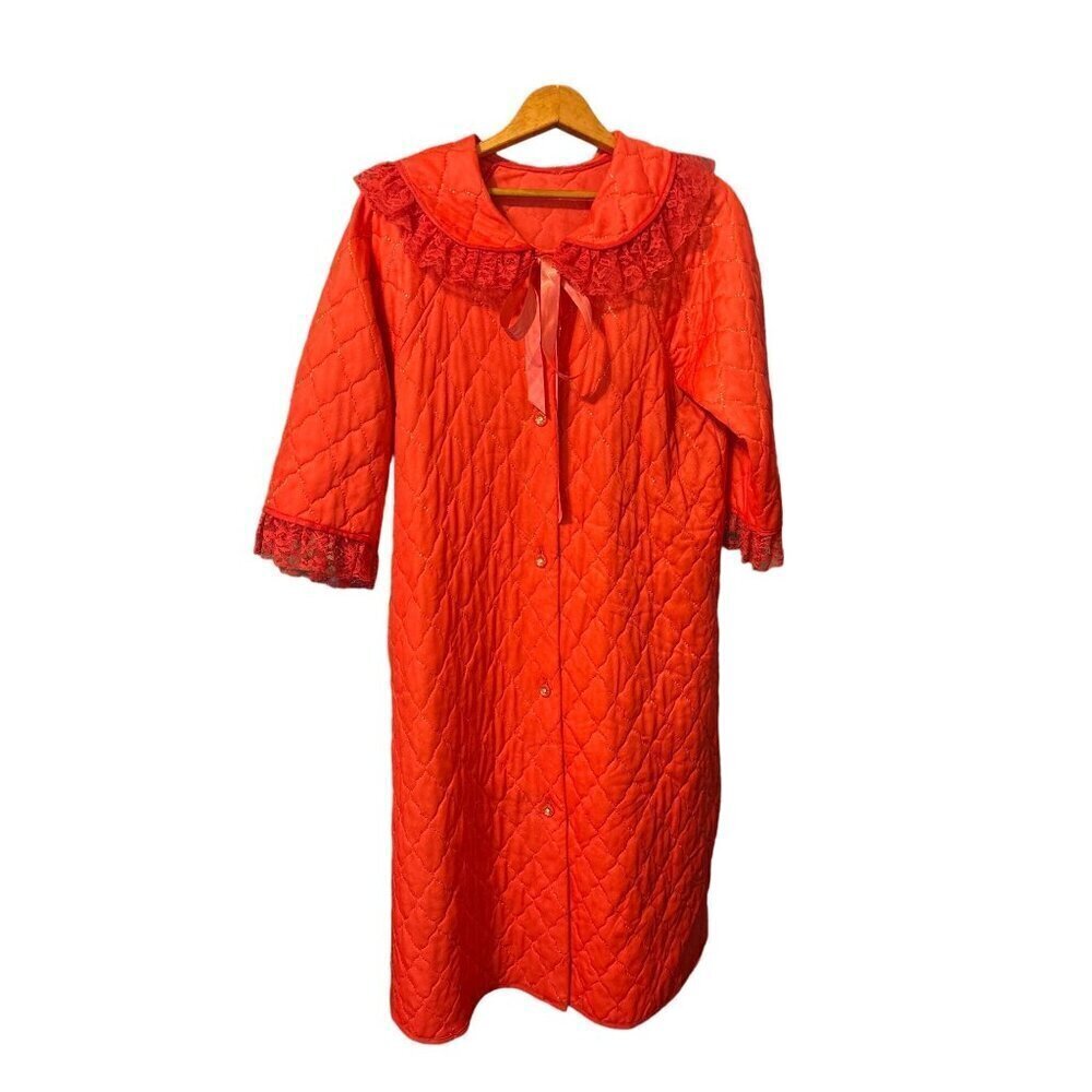 Vtg Quilted Special Button Robe House Coat Lounge Wear M/L Orange Lace Metallic